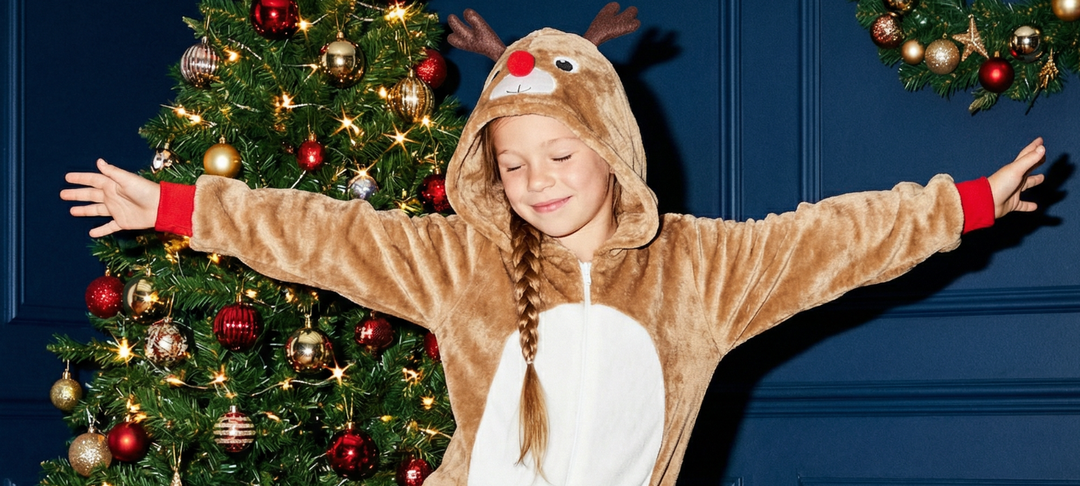 Lachend meisje in rendier-onesie met armen wijd voor een versierde kerstboom