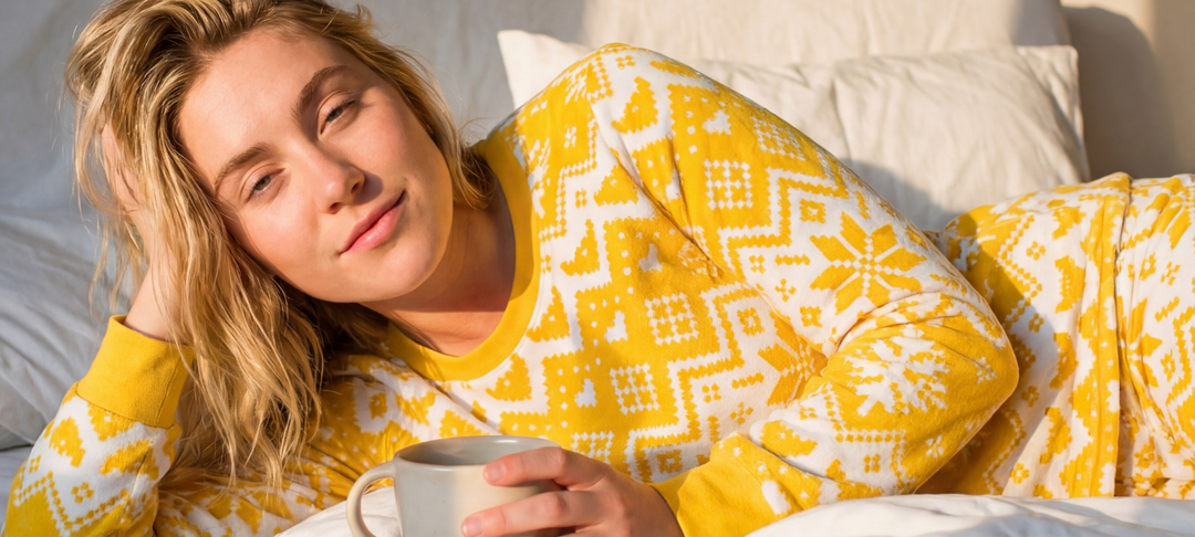 Vrouw met blonde haren ligt in bed in een gele winterpyjama met sneeuwvlokmotief en houdt een mok vast