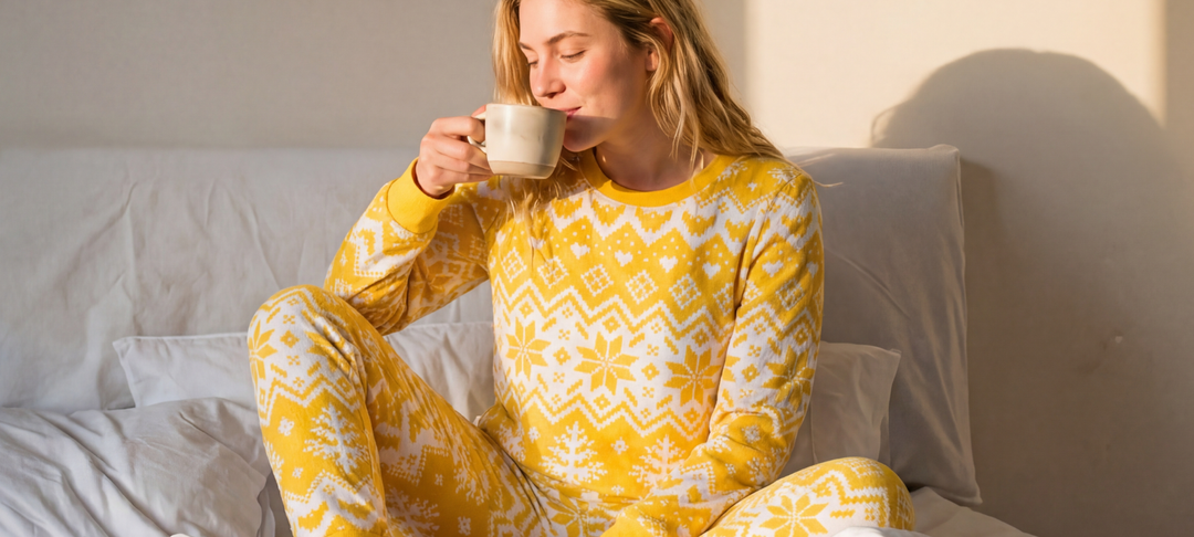 Vrouw in gele pyjama met sneeuwvlokpatroon drinkt koffie op bed
