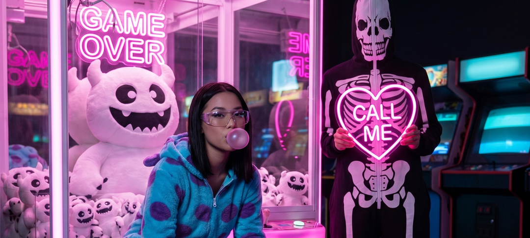 Vrouw met kauwgombel in arcade naast persoon in skeletkostuum met neon Call Me-hart, in roze gloed met Game Over-bord