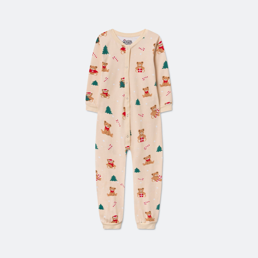 Beige Teddybeer Overall Kerstpyjama voor Kinderen