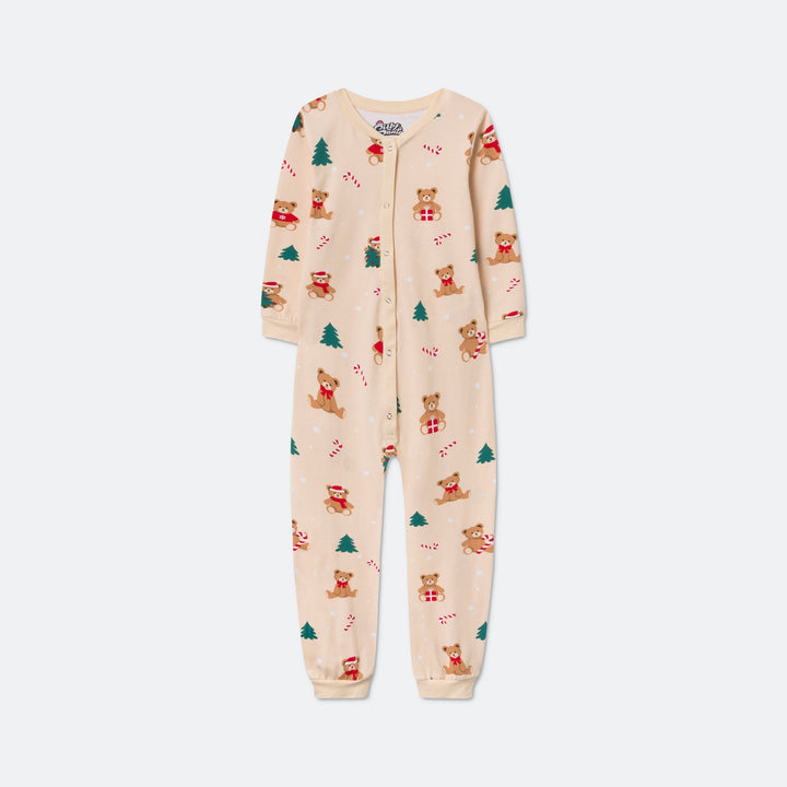Beige Teddybeer Overall Kerstpyjama voor Kinderen