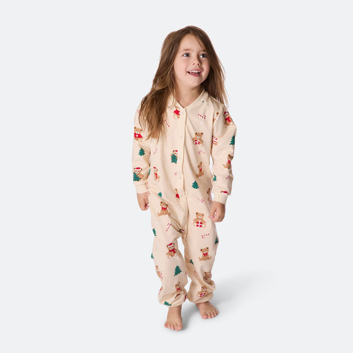 Beige Teddybeer Overall Kerstpyjama voor Kinderen