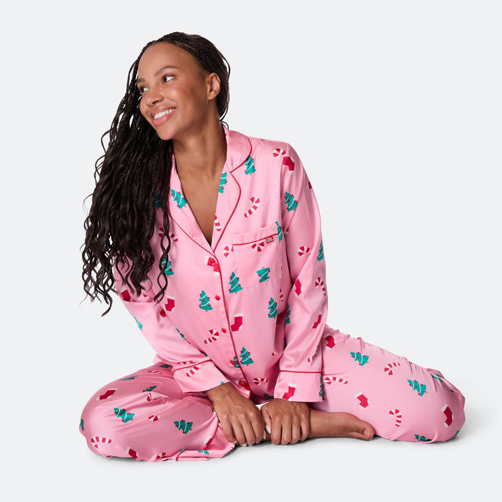 Roze Satijnen Kerstpyjama Dames
